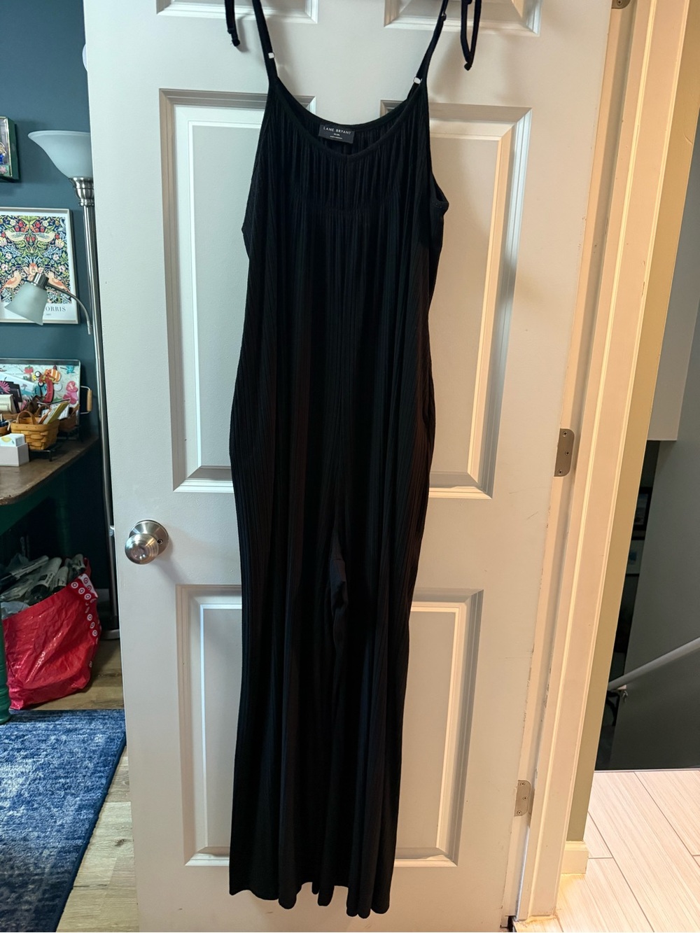 Lane Bryant Black Pleated Wide-Leg Romper Jumpsuit with Tie Straps